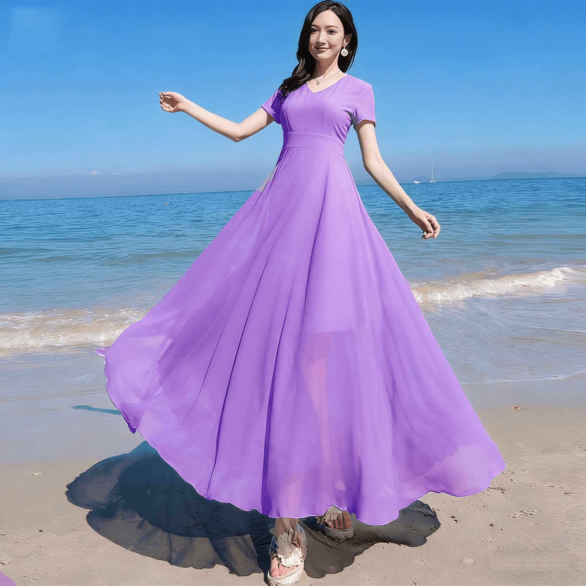 沙滩裙女夏季2026新款三亚海边度假超仙修身气质中长款雪纺连衣裙