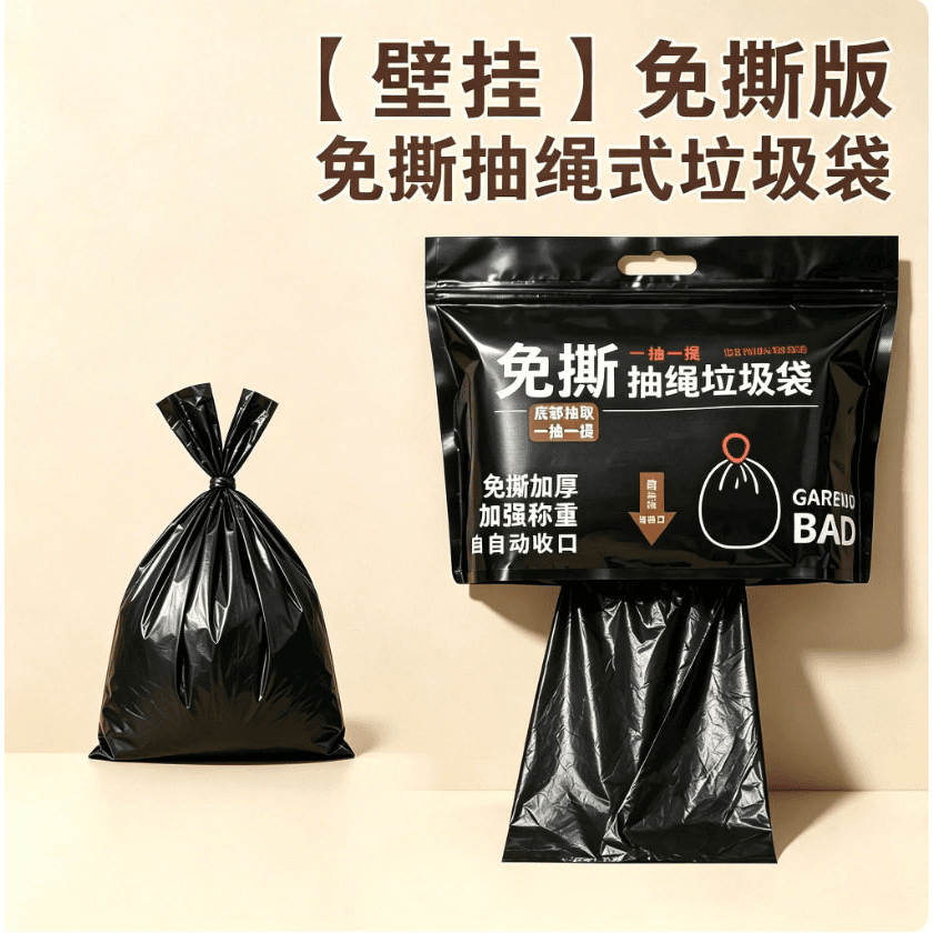 免撕抽绳垃圾袋家用加厚新款底部抽式手提厨房宿舍用大卷塑料袋
