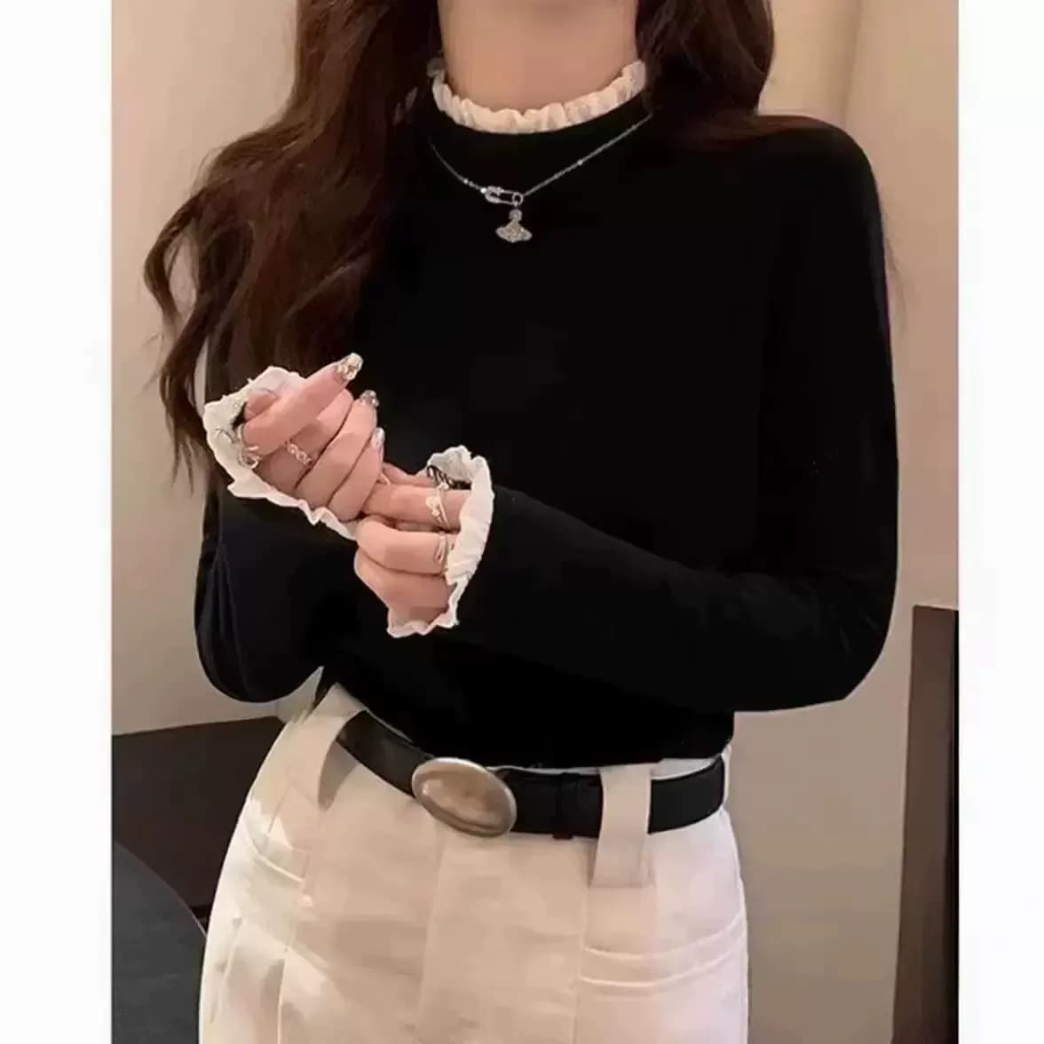 花边拼接半高领打底衫女修身设计感内搭ld