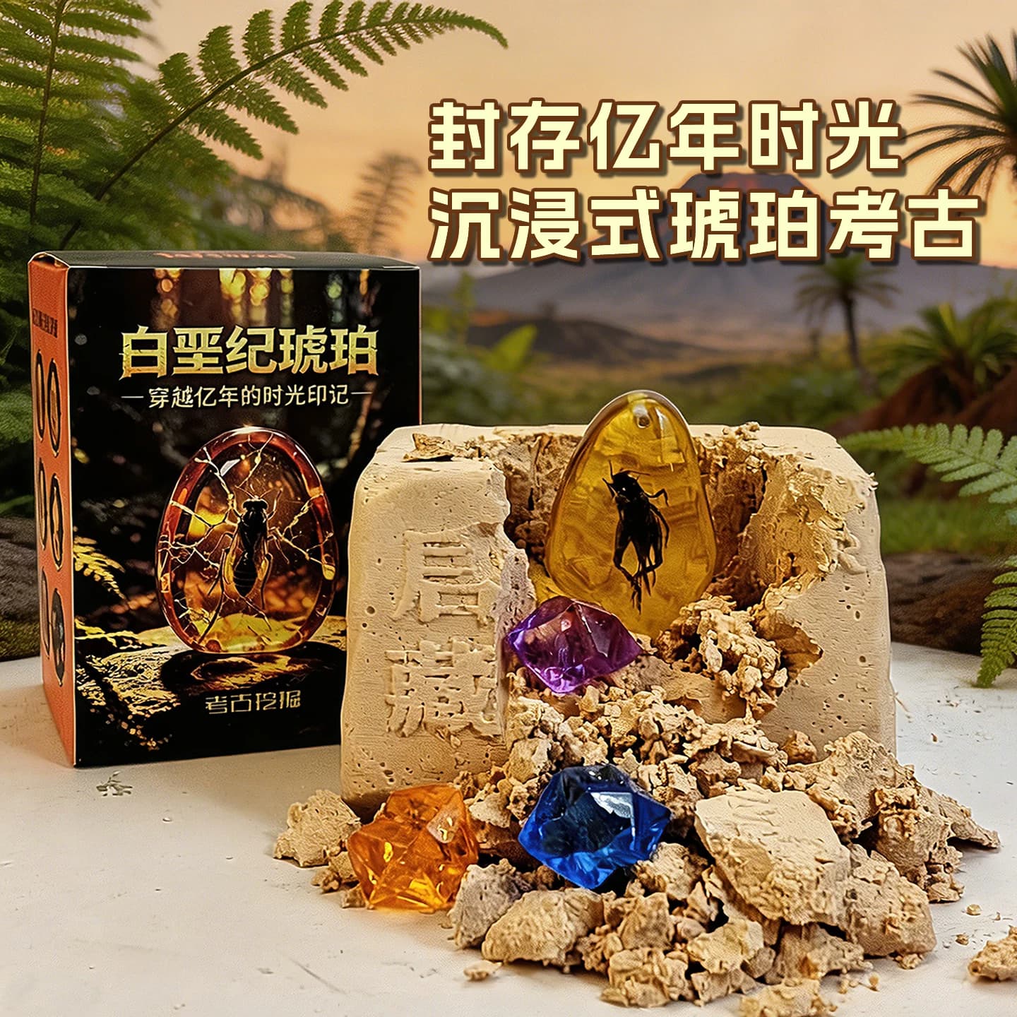 琥珀昆虫考古挖掘玩具儿童手工diy化石寻宝探索科学教育益智盲盒