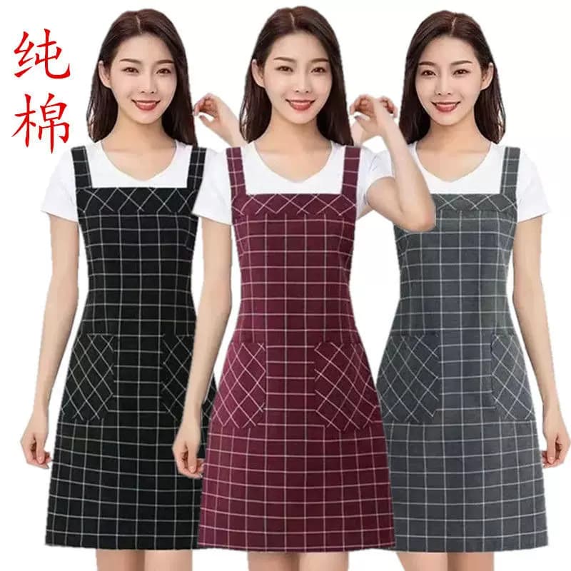 纯棉格子高档背带围裙棉布女时尚柔软透气围腰家用厨房做饭工作服