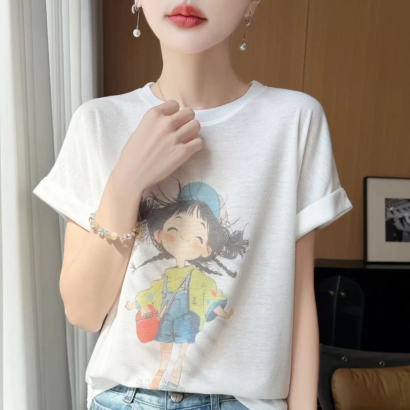 国风卡通印花短袖t恤女2026夏季薄款圆领宽松休闲半袖打底衫上衣
