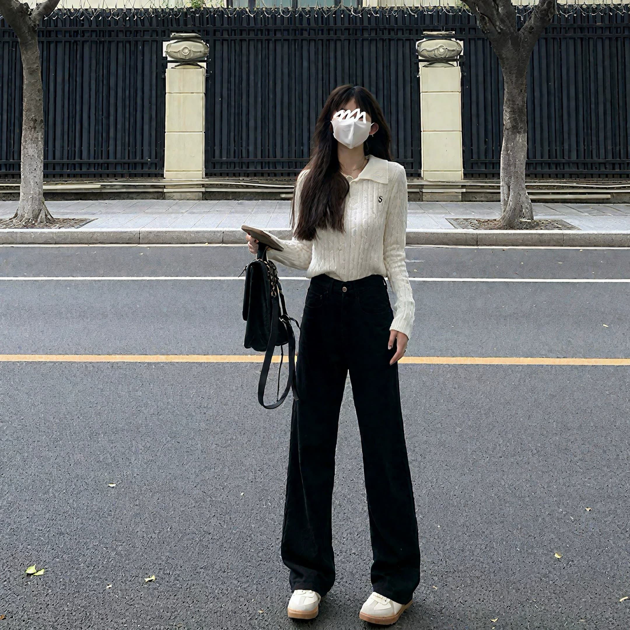 艾恩晟 牛仔裤黑色窄版阔腿裤女 高腰显瘦基础款宽松遮肉