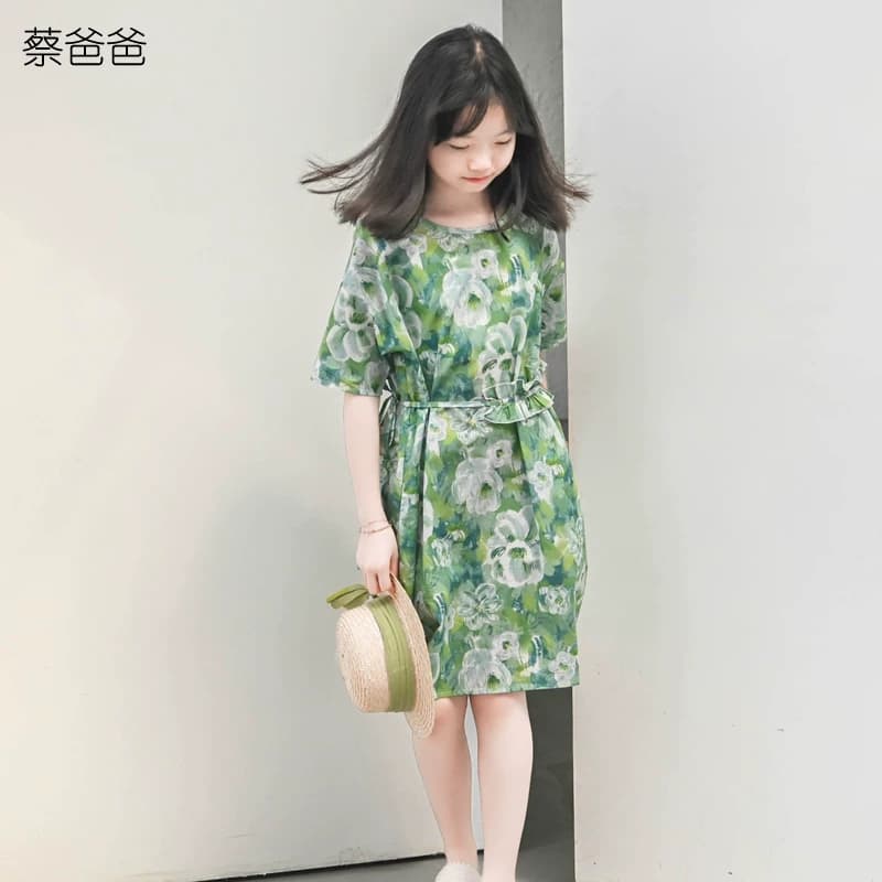 蔡爸爸原创童装小清新夏装碎花裙子 女大童少女全棉绿色连衣裙611