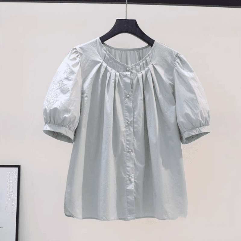 品牌折扣正品女装断码清仓特价不能退换圆领褶皱泡泡袖棉衬衫短