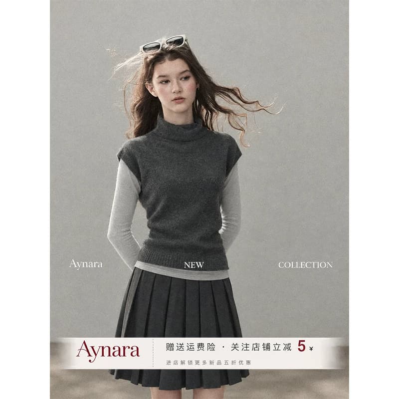 Aynara灰色高领小飞袖针织马甲女秋季叠穿长袖打底衫两件套上衣