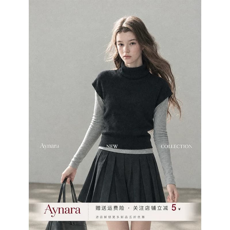 Aynara黑色高领小飞袖针织马甲女秋季叠穿长袖打底衫两件套上衣