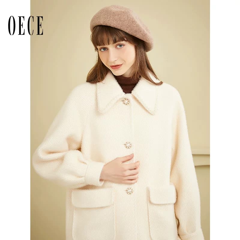 Oece冬装新款女装 复古中长款毛呢外套气质呢子大衣