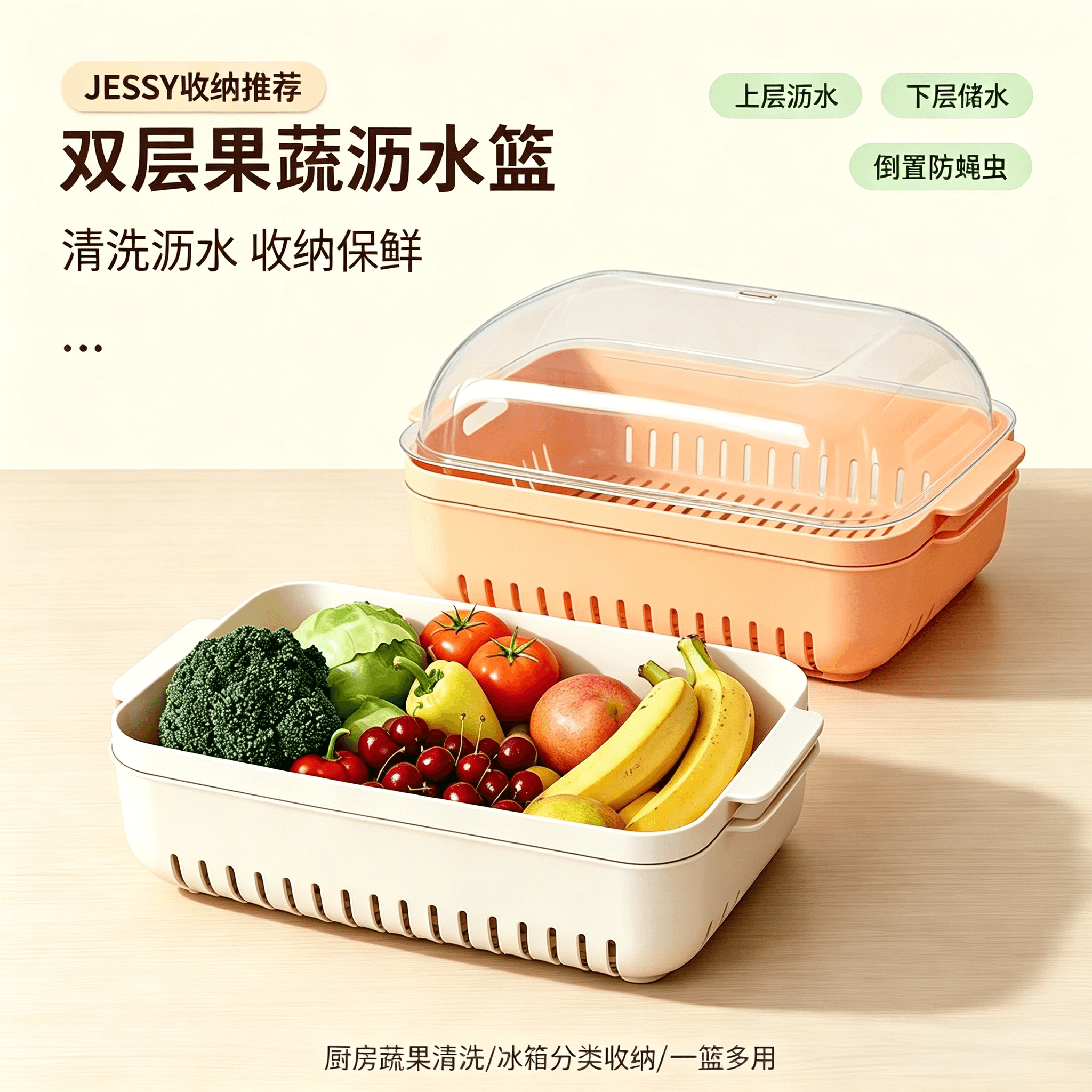 双层洗菜篮沥水篮家用洗大容量洗菜盆PET透明可分离滤水洗菜神器