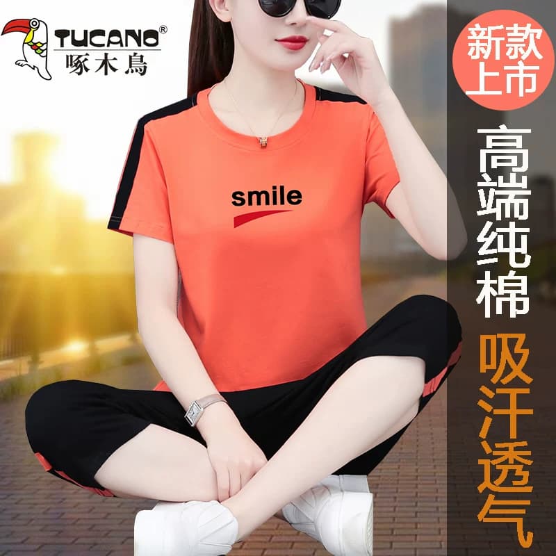纯棉品牌运动套装女2026春秋新款时尚休闲风短袖七分裤两件套显瘦 - 缩略图4