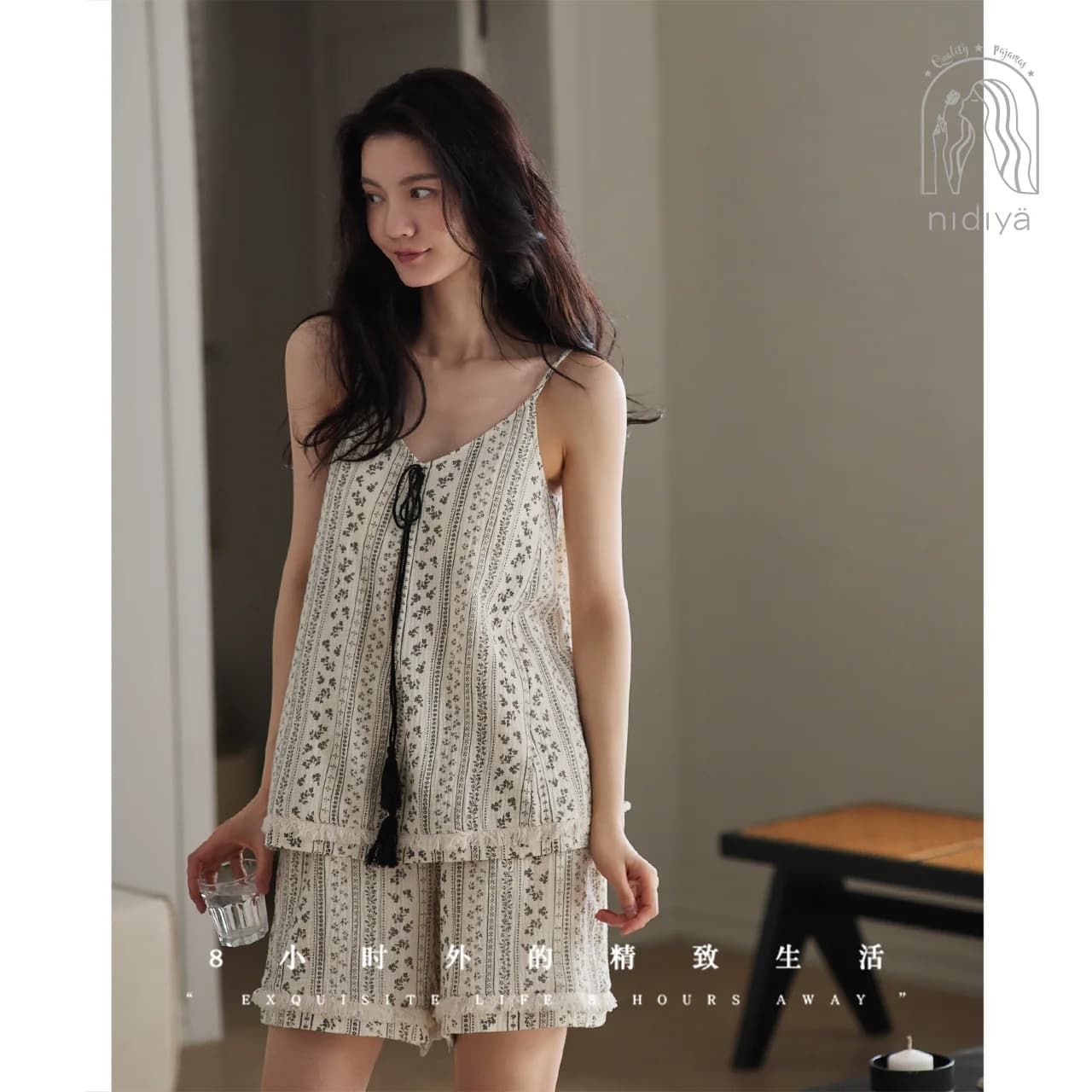 妮狄娅睡衣女夏季纯棉纱布薄款带胸垫吊带法式复古花卉家居服套装 - 缩略图5
