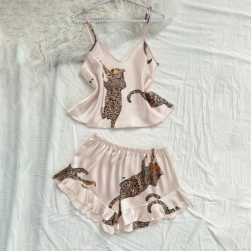 性感豹子印花冰丝吊带短裤两件套装睡衣夏季女仿真丝家居服荷叶边 - 缩略图2