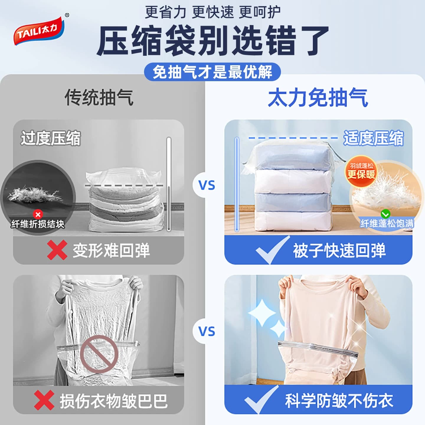 太力抗菌真空收纳压缩袋被子棉被衣服羽绒旅行专用免抽气立体袋子 - 缩略图3