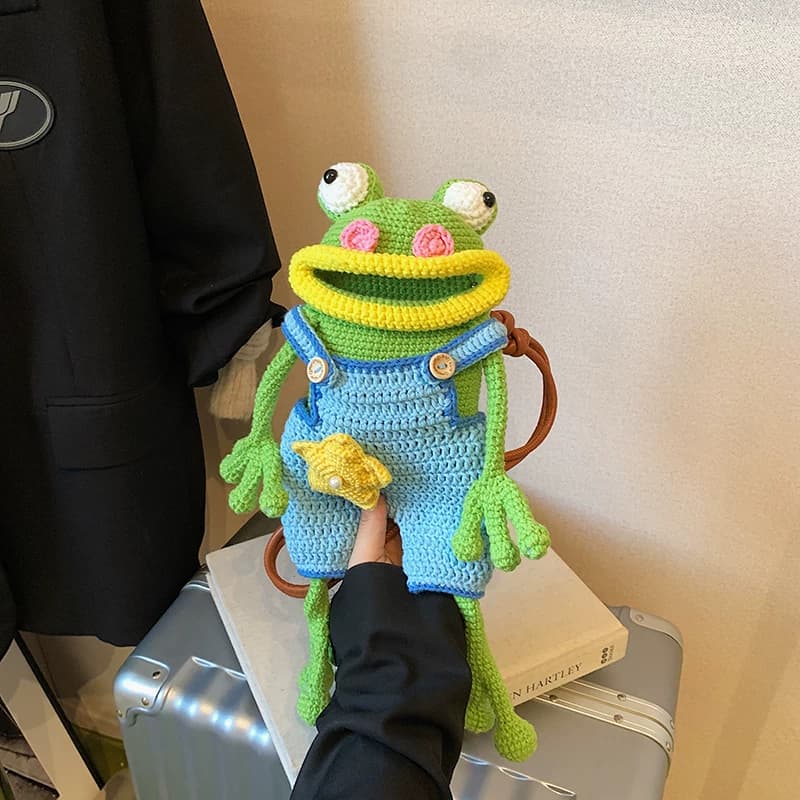 成品包包青蛙大嘴手机包纯手工钩织毛线包可爱香肠嘴包单肩斜挎包 - 缩略图3