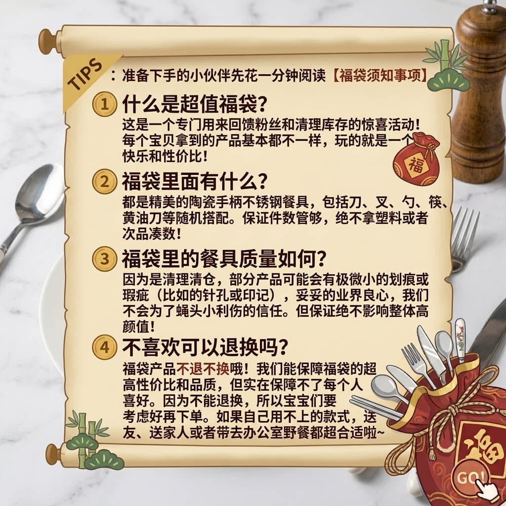 【福袋】陶瓷不锈钢餐具小勺大勺大叉筷子牛排刀黄油刀随机清仓 - 缩略图3