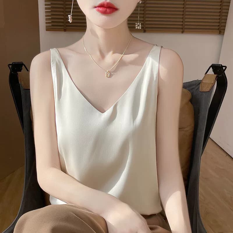 【严选】吊带背心女内搭小西装夏季新款纯色缎面醋酸V领上衣 - 缩略图3