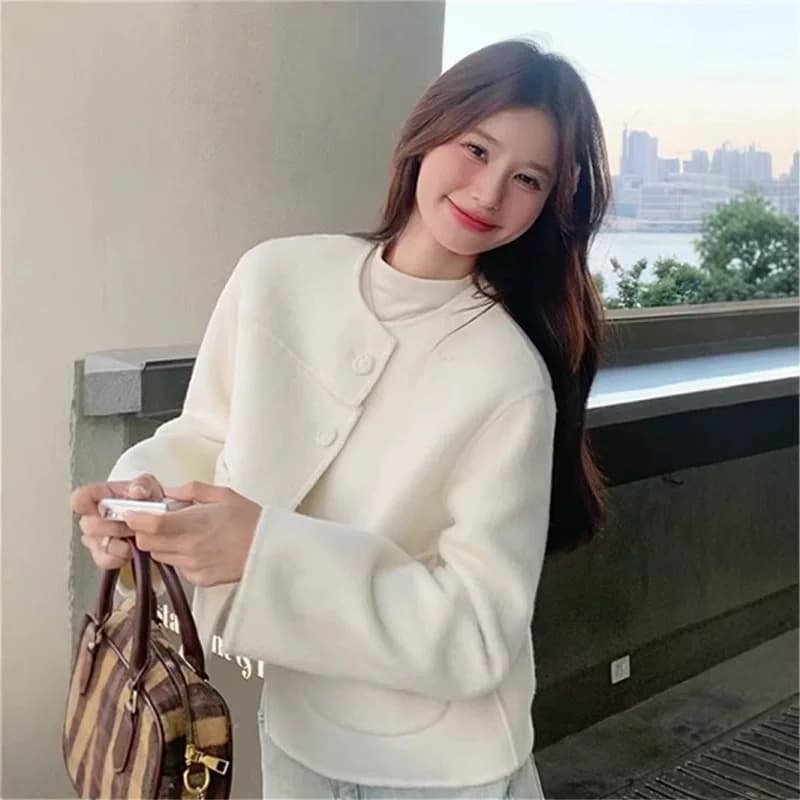 漂亮外衣2026新款高级感广州十三行毛呢大衣女装无领宽松两粒扣 - 缩略图2