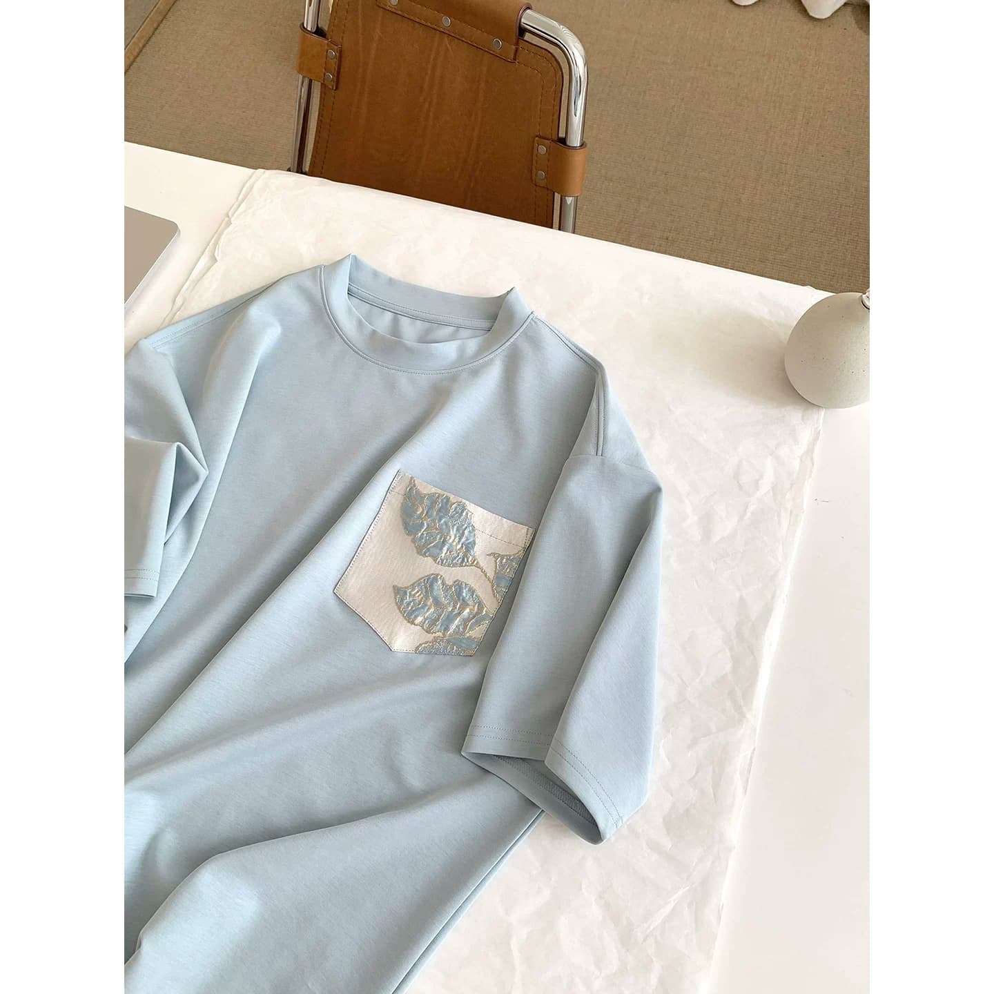 阿茶与阿古蓝色新中式口袋提花短袖t恤男款夏季宽松休闲圆领上衣 - 缩略图3
