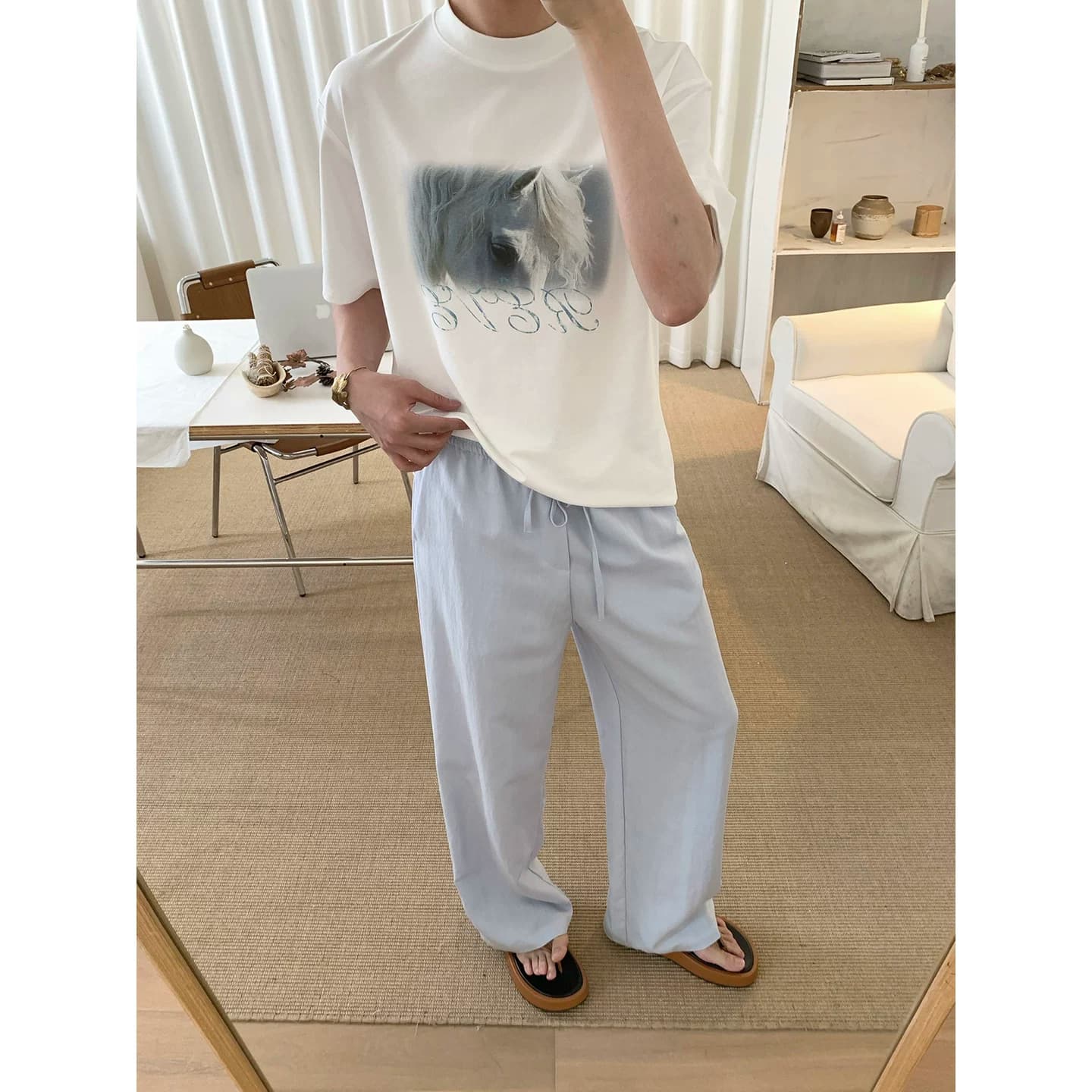 阿茶与阿古清蓝垂感直筒裤子男款夏季韩版宽松显瘦百搭休闲长裤 - 缩略图2