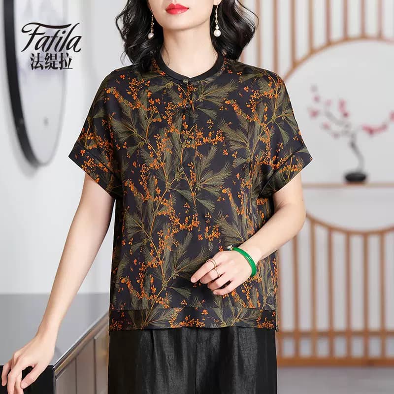 印花重磅真丝衬衫女短袖夏新款缎面中老年妈妈宽松大码桑蚕丝上衣 - 缩略图2