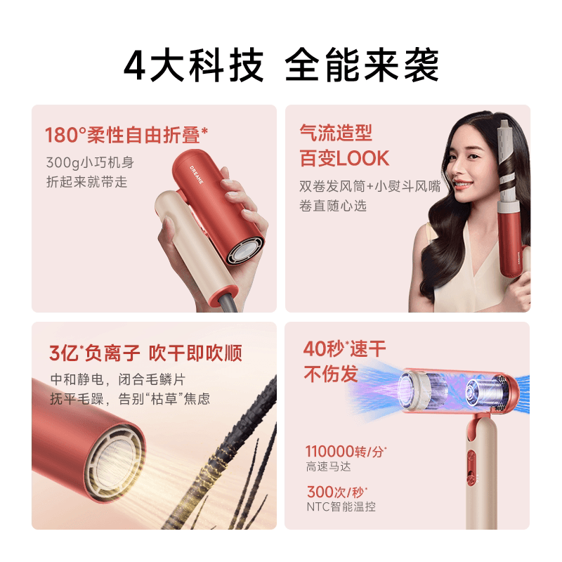追觅折叠便携高速吹风机p10星火红负离子大风力卷发家用电吹风筒 - 缩略图2