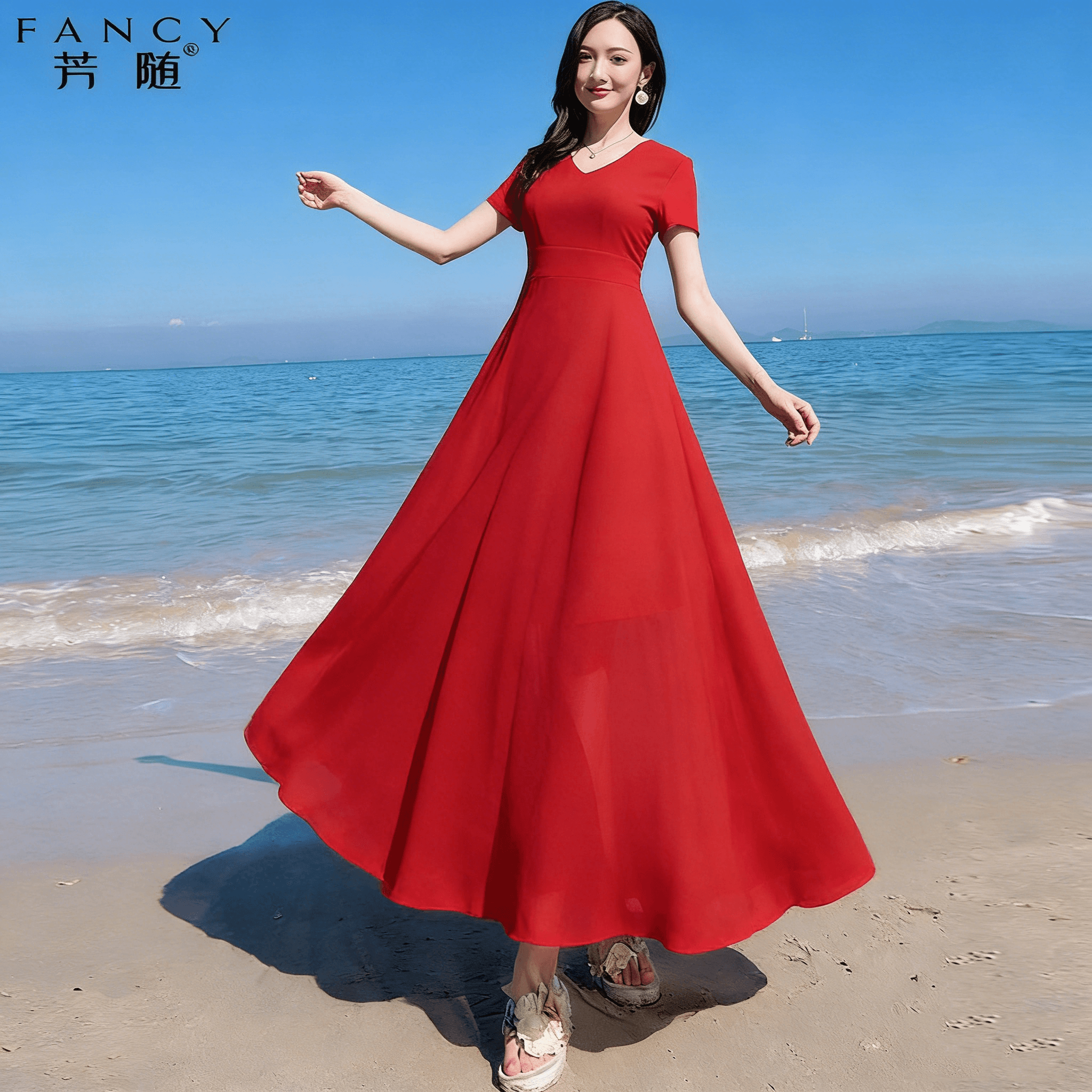 沙滩裙女夏季2026新款三亚海边度假超仙修身气质中长款雪纺连衣裙 - 缩略图2