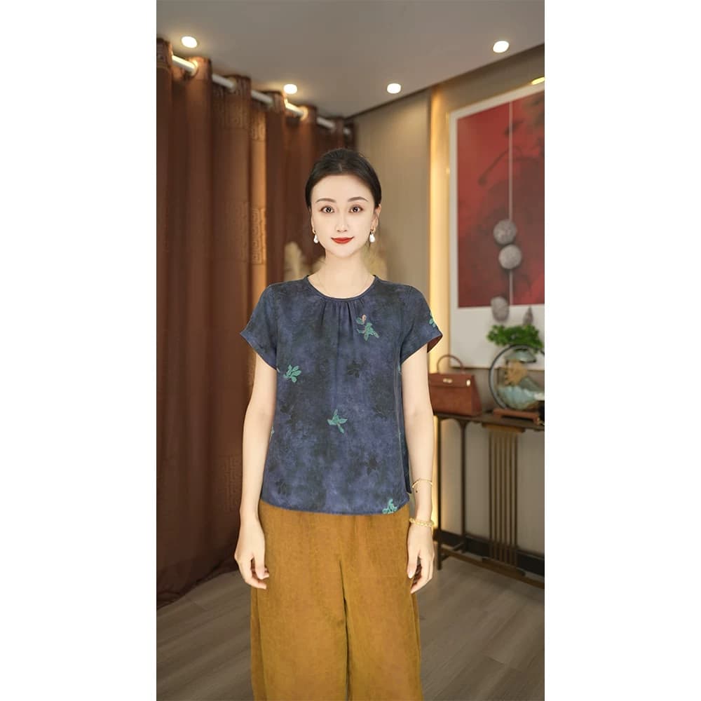 【林典】花罗红云纱藏蓝晕染直版简约桑蚕丝女装上衣T恤6187-12 - 缩略图2