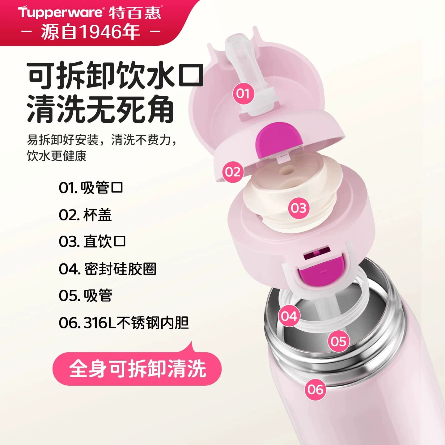 特百惠保温杯350ml水杯弹跳盖吸管儿童女生高颜值便携不锈钢杯子 - 缩略图3