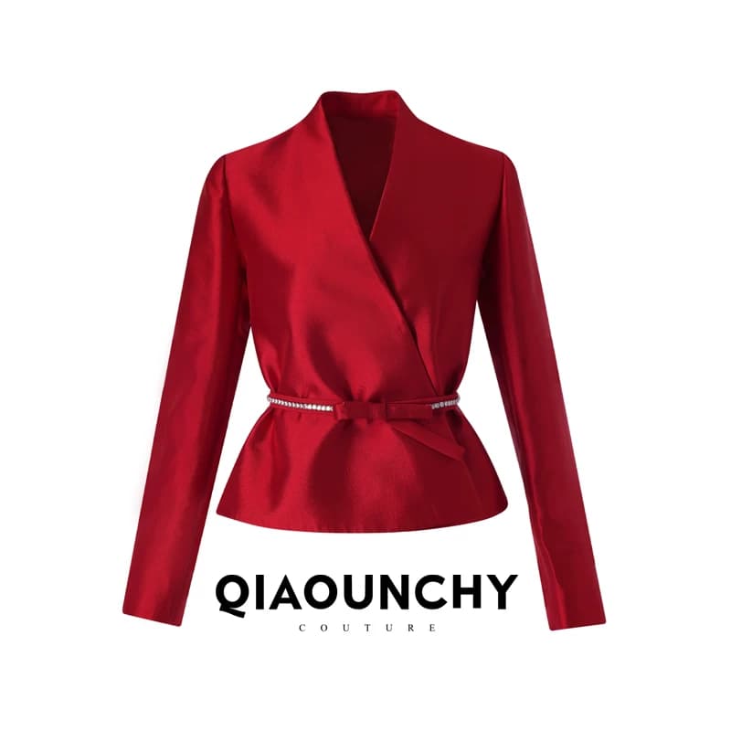 法国红 QIAOUNCHY俏云曦｜丝毛混纺法式经典小外套及人工钻石腰带 - 缩略图5