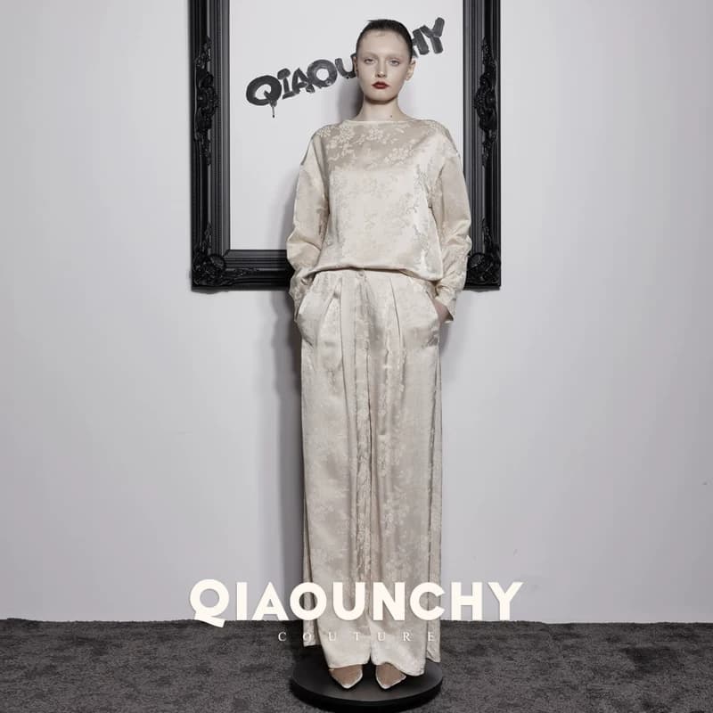 苏杭丝绸 QIAOUNCHY俏云曦｜杏色暗纹提花圆领上衣阔腿裤套装女 - 缩略图3