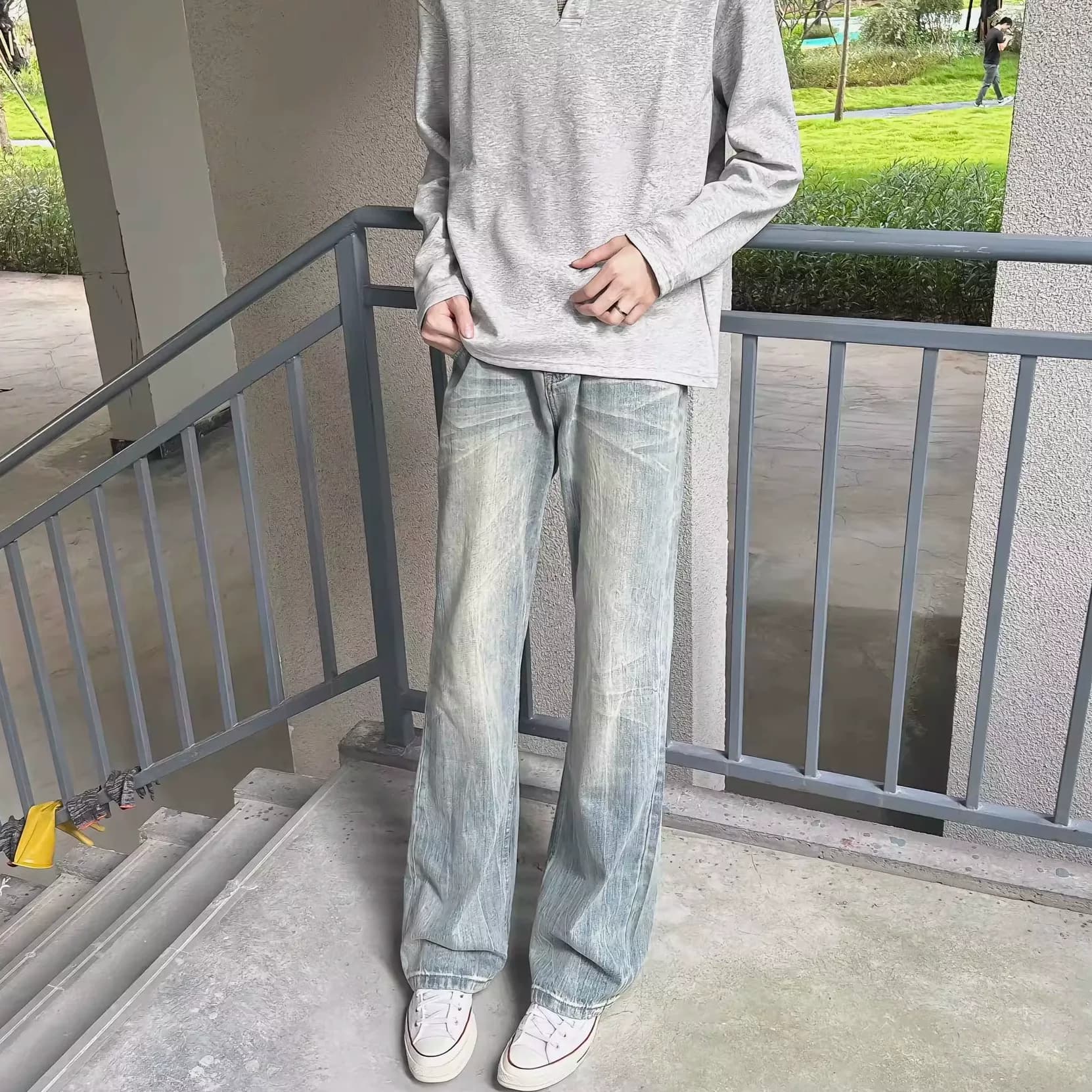 ZLAYCO美式高街水洗猫须竹节纹cleanfit做旧牛仔裤潮直筒微喇裤子 - 缩略图4