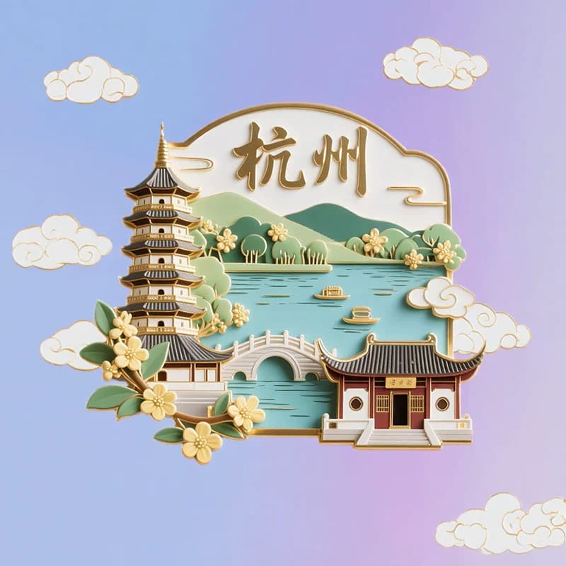 杭州风景建筑城市地标金属冰箱贴磁力贴创意3D立体装饰纪念品磁贴 - 缩略图3