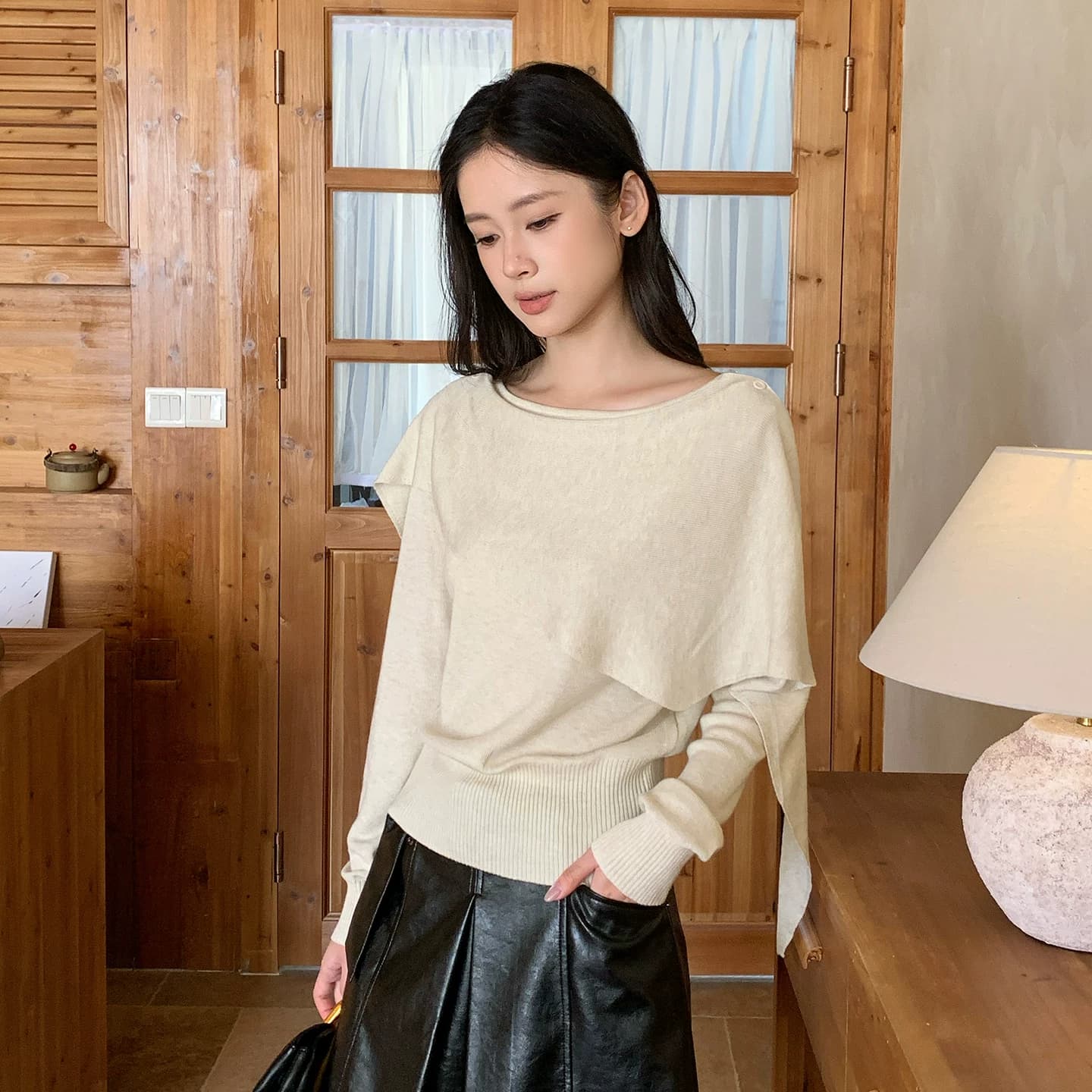 makeART假两件披肩斜肩针织衫女早秋一字肩收腰毛衣设计感上衣女 - 缩略图3