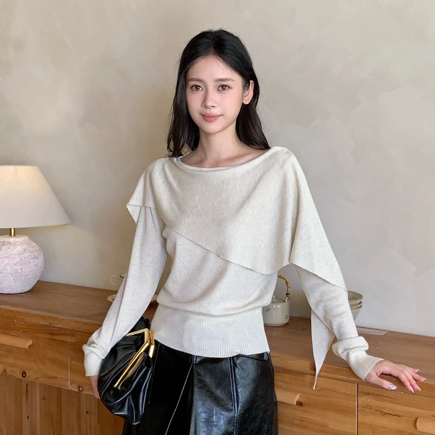 makeART假两件披肩斜肩针织衫女早秋一字肩收腰毛衣设计感上衣女 - 缩略图2