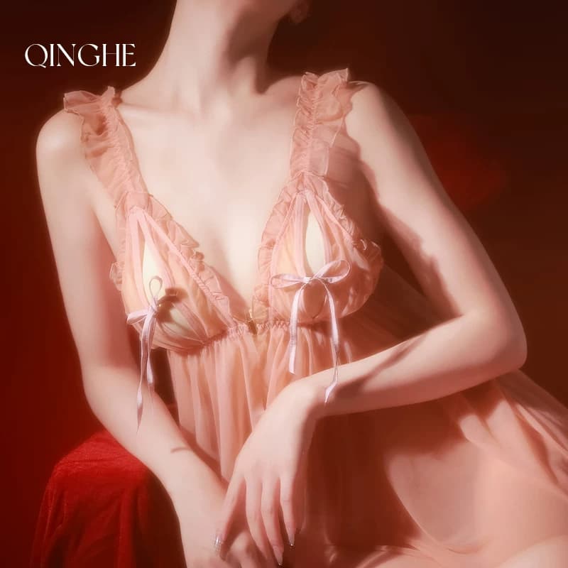 轻禾「蜜桃」性感深V蕾丝网纱吊带睡裙蕾丝轻薄内裤约会睡衣女款 - 缩略图2