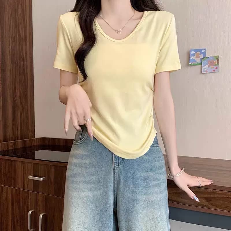2026U型卡卡同款修身高街风纯色短袖T恤女修身重磅纯棉v领褶皱AK - 缩略图2