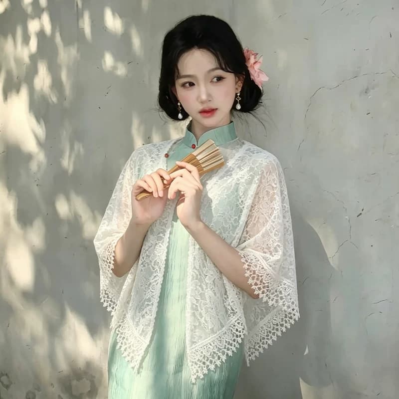 配旗袍披肩女外搭开衫2026新款夏薄款流苏云肩蕾丝新中式外披斗篷 - 缩略图5