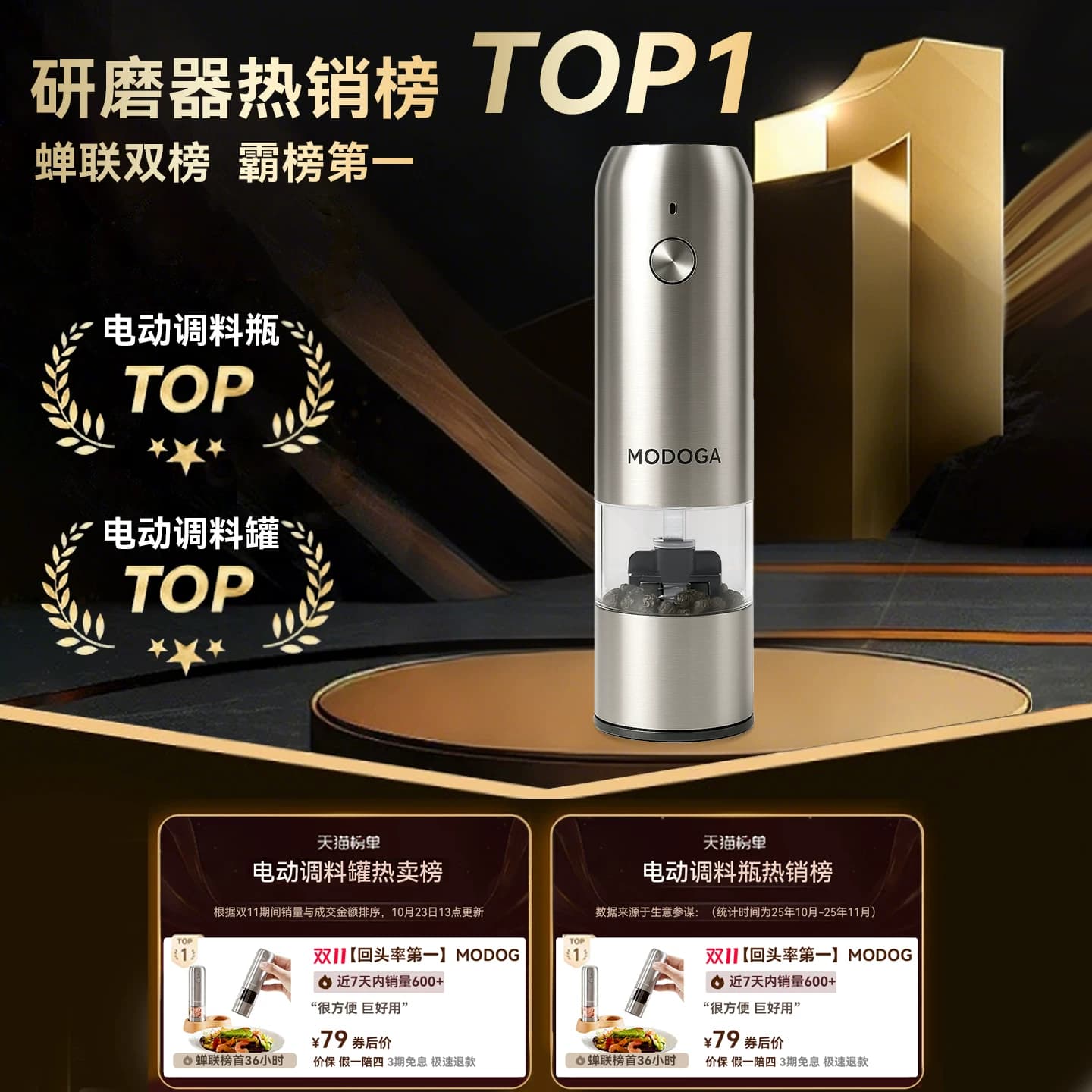 modoga电动黑胡椒海盐研磨器调料罐亚麻厨房家用自动不锈钢调料瓶 - 缩略图2
