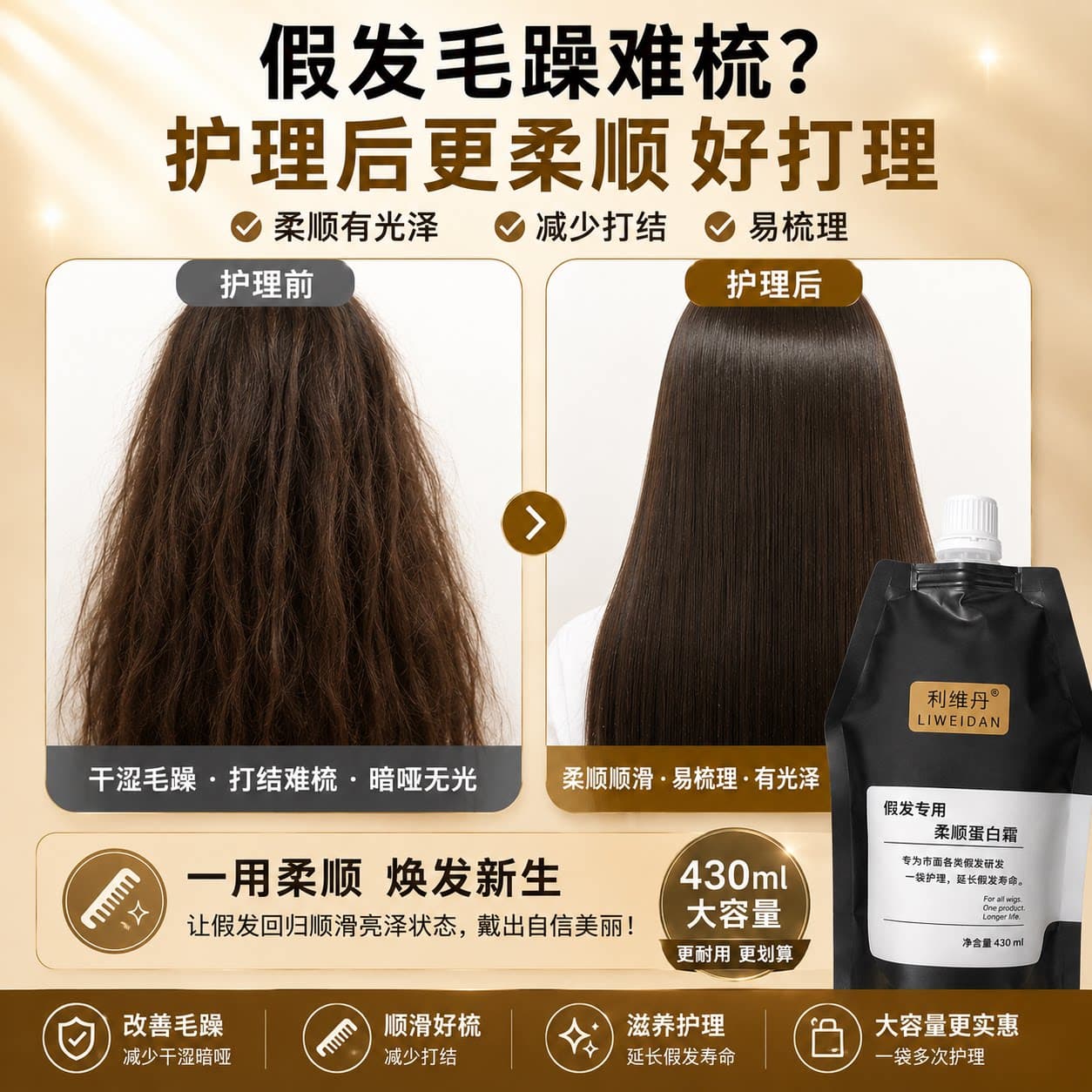 利维丹假发专用柔顺蛋白霜430ml 假发护理液防毛躁打结顺滑易梳 - 缩略图2