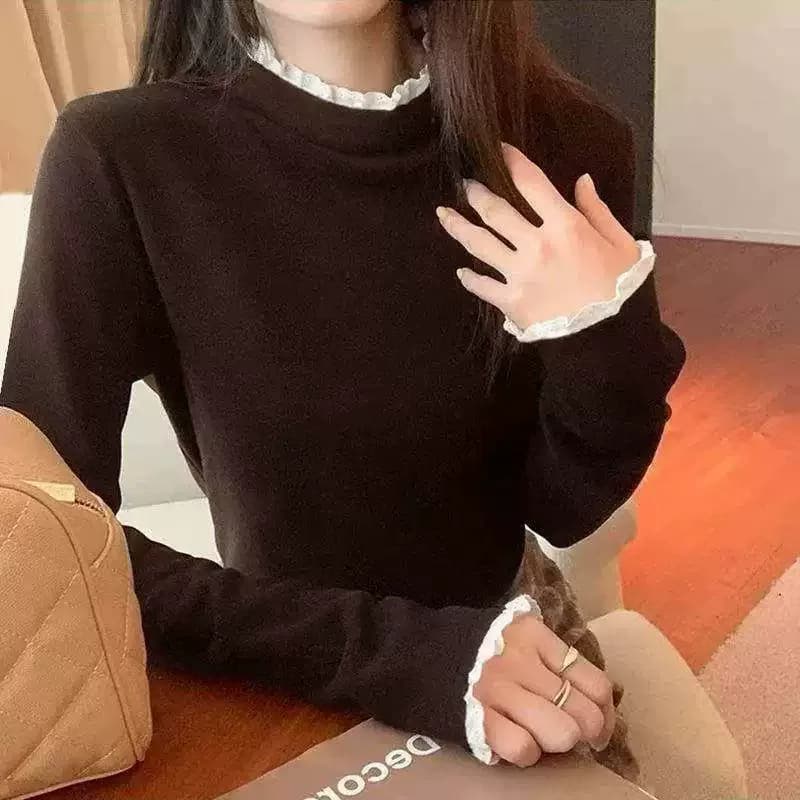 花边拼接半高领打底衫女修身设计感内搭ld - 缩略图5