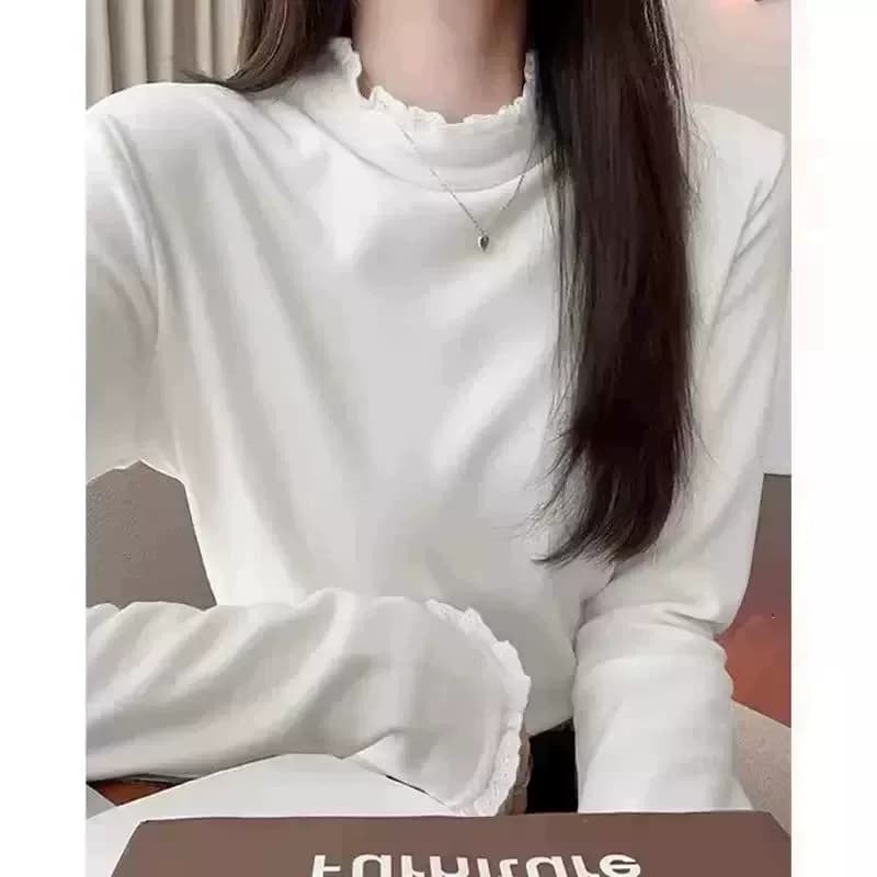 花边拼接半高领打底衫女修身设计感内搭ld - 缩略图4