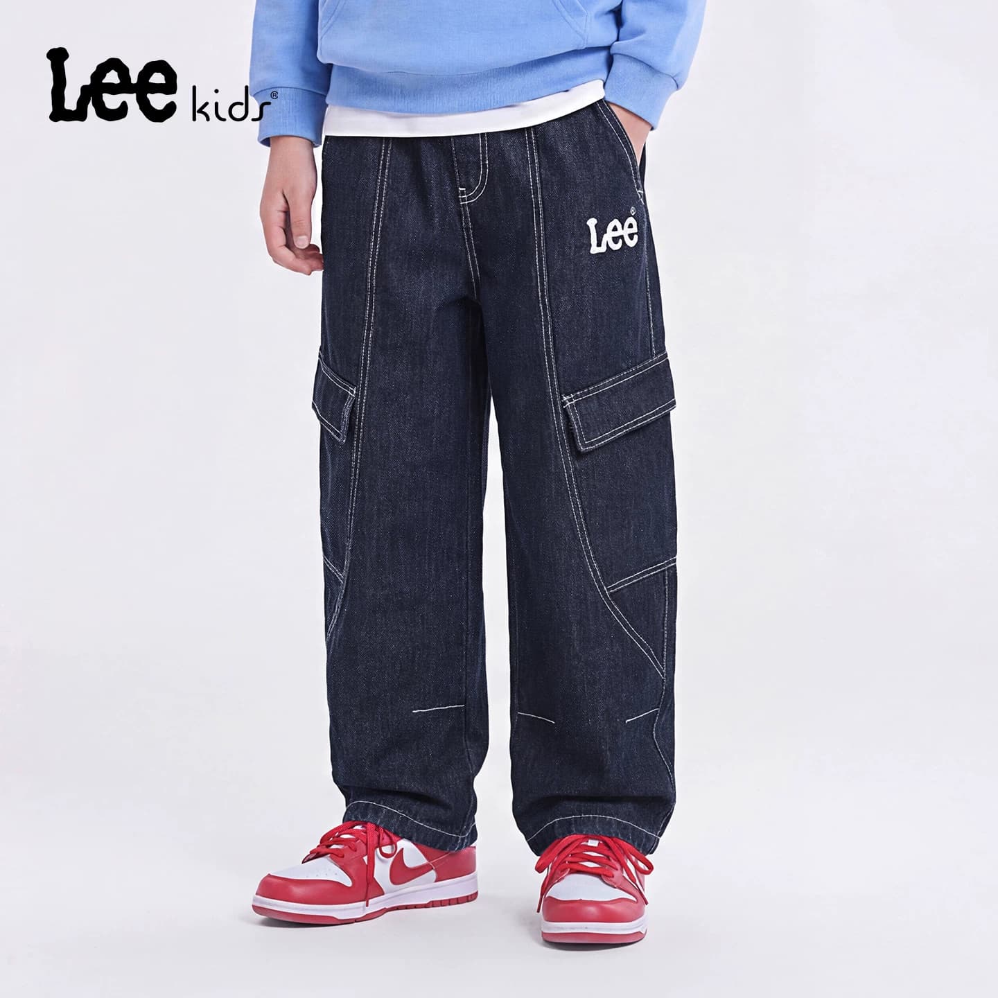 Lee kids工装风阔腿牛仔裤春季新款男女童休闲宽松直筒多口袋长裤 - 缩略图3