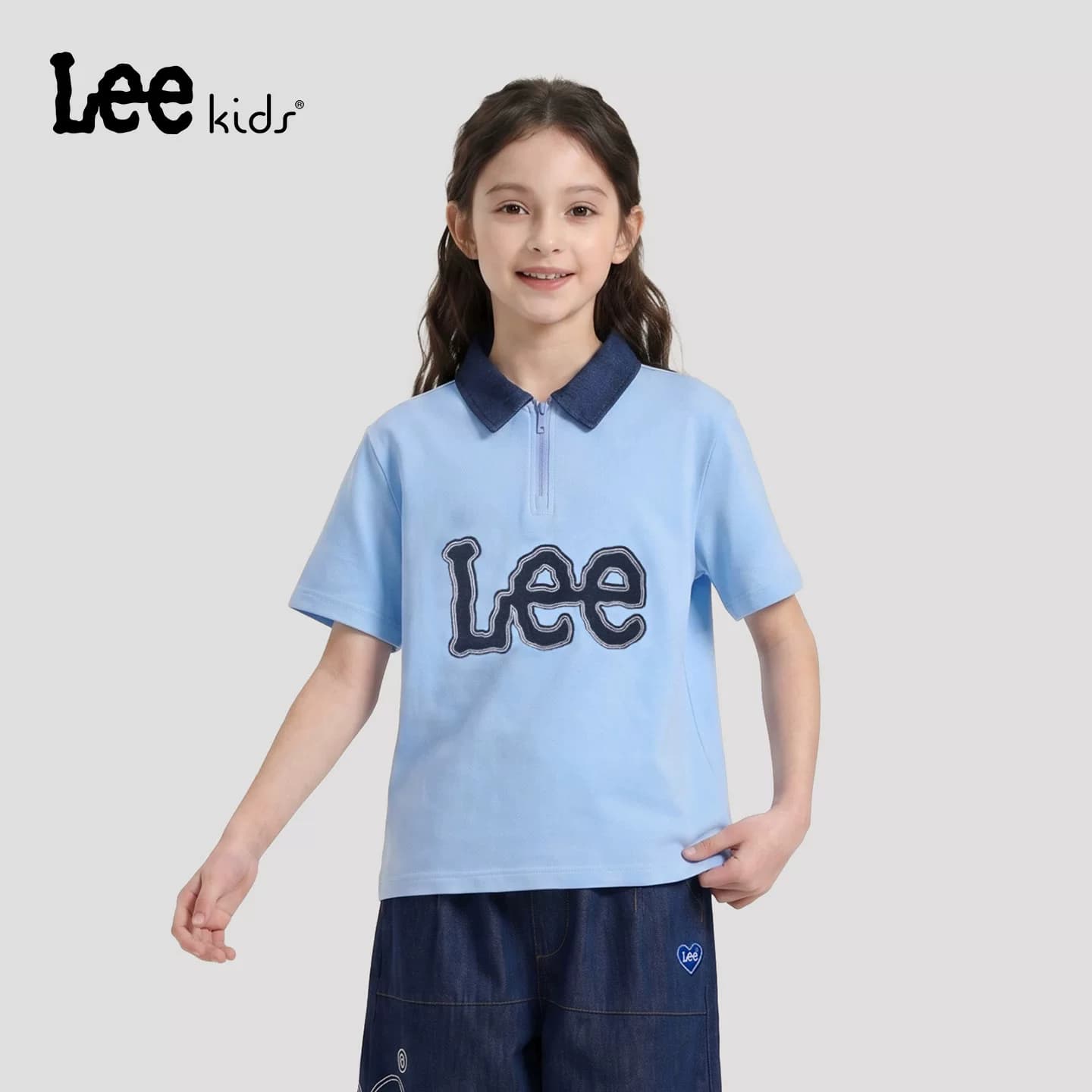Lee kids儿童POLO衫男女童中大童学院风牛仔领休闲透气短袖上衣 - 缩略图4