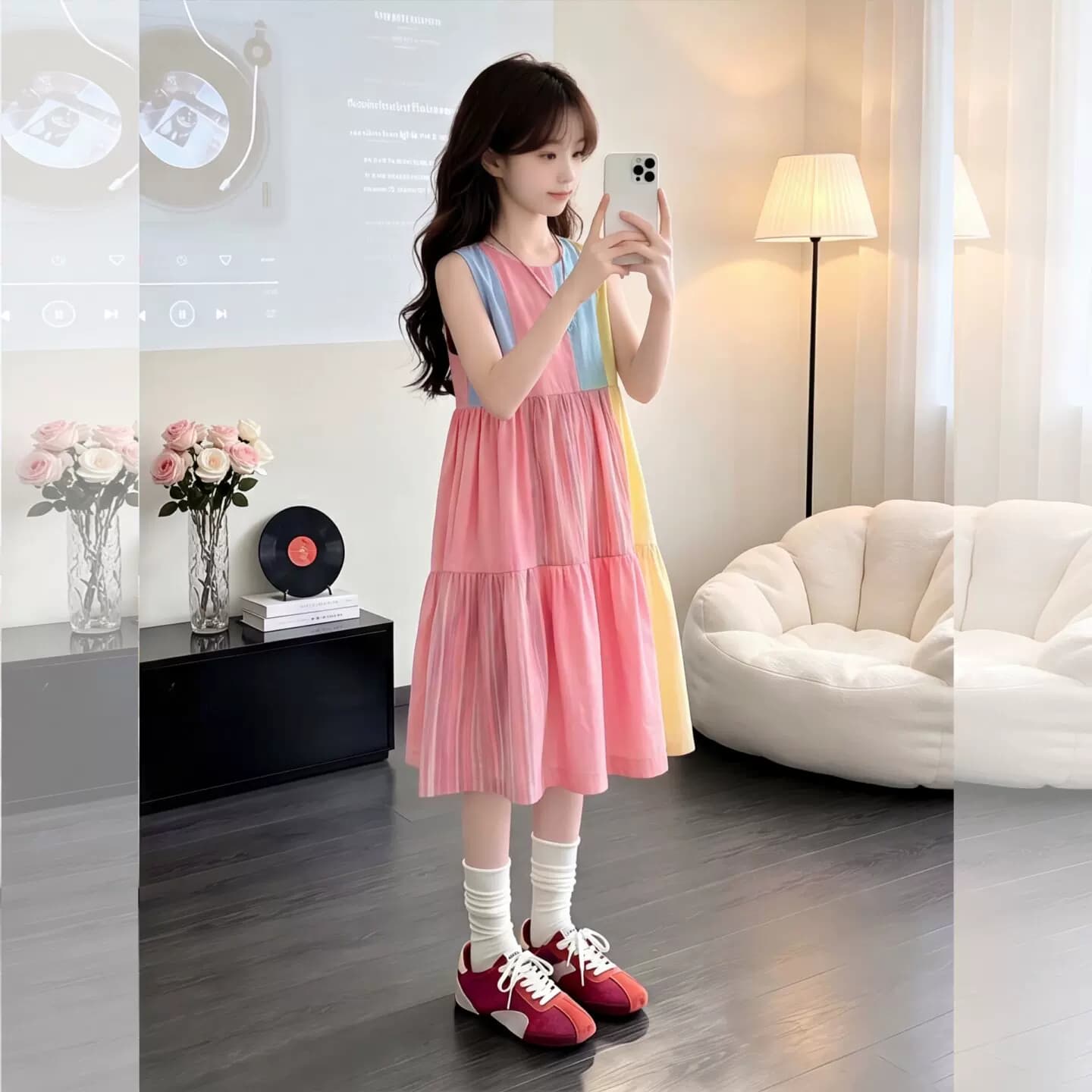 女童彩虹拼色连衣裙夏季2026新款无袖蛋糕裙儿童洋气度假风背心裙 - 缩略图4