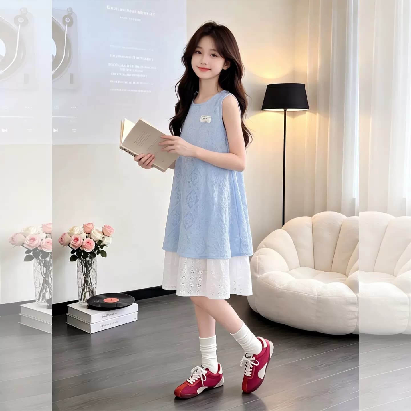 女童假两件蕾丝连衣裙夏装2026新款洋气甜美度假风无袖中长背心裙 - 缩略图3
