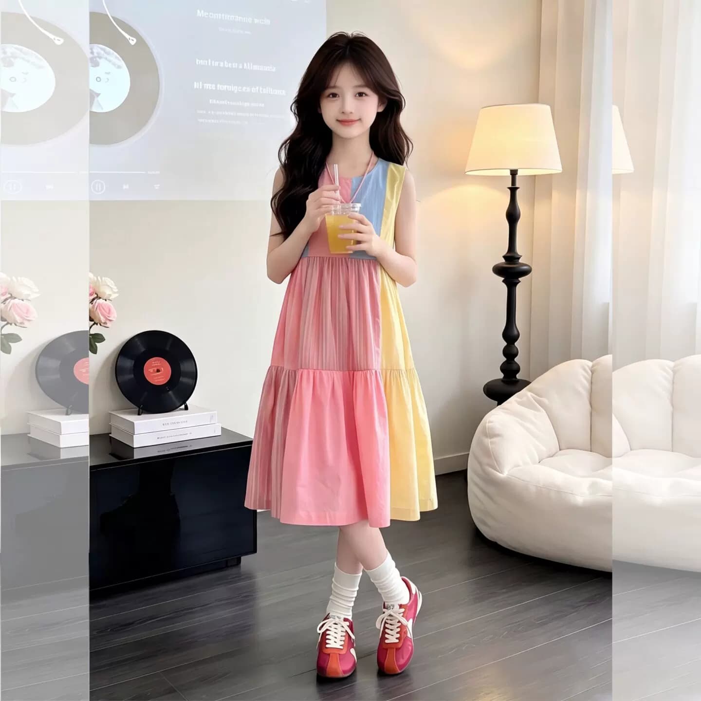 女童彩虹拼色连衣裙夏季2026新款无袖蛋糕裙儿童洋气度假风背心裙 - 缩略图2