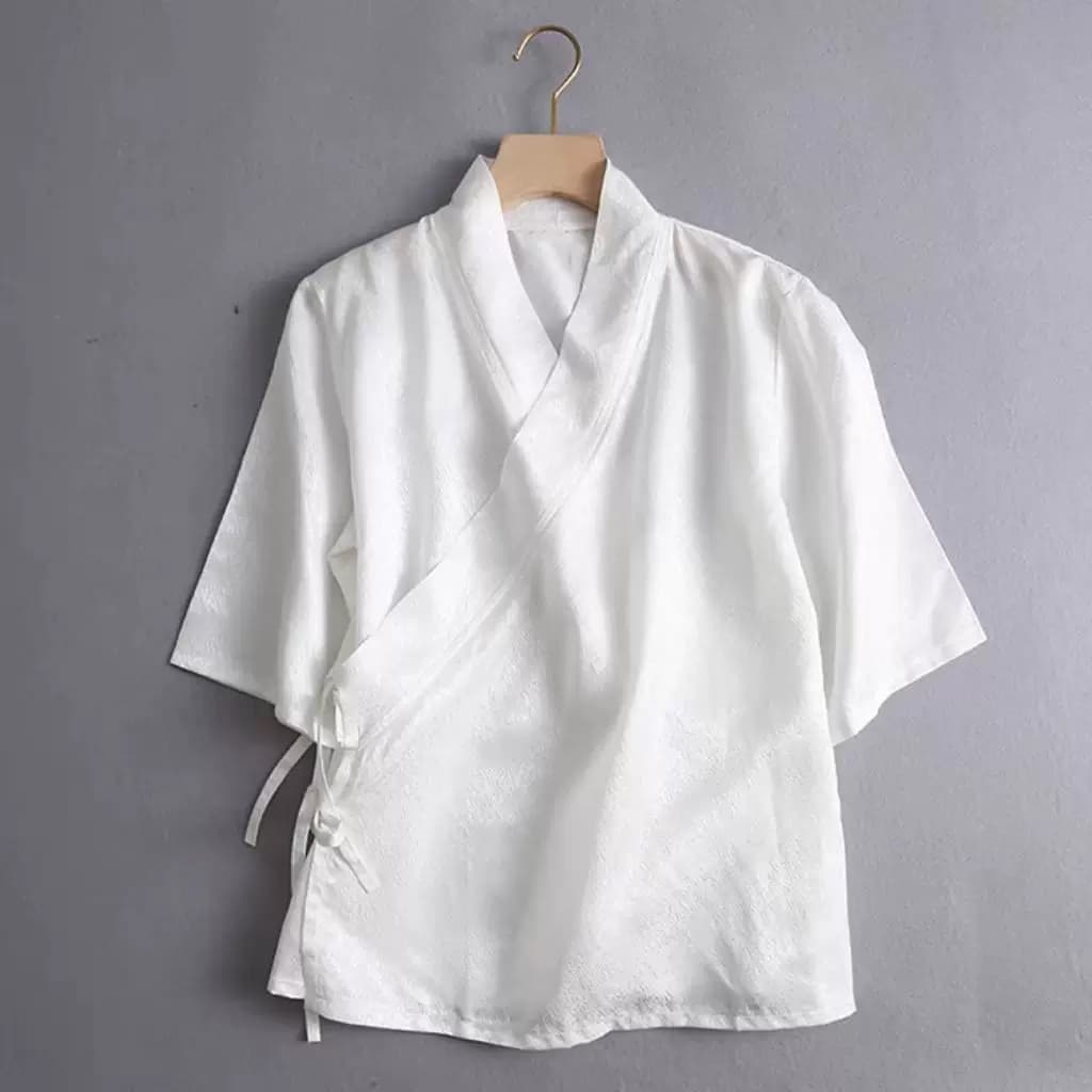 一片式系带交叉领女夏冰丝中式汉服改良茶禅服短袖上衣大码300斤 - 缩略图4