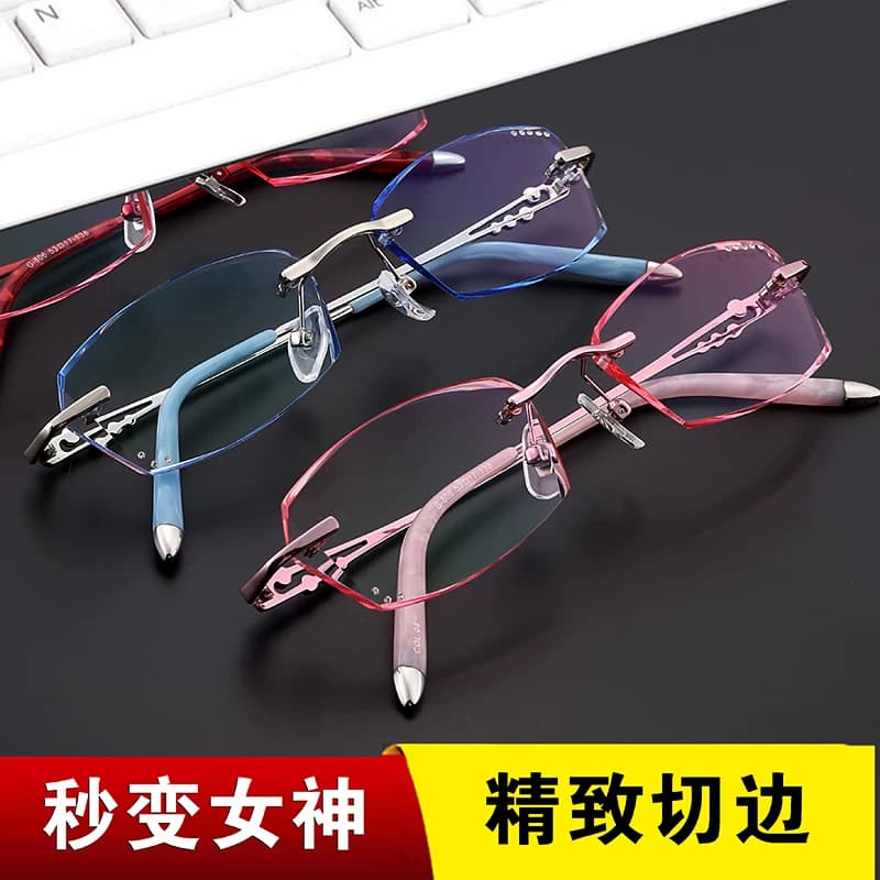 配近视眼镜无框眼镜女切边钻石眼镜成品平光变色超轻眼镜框近视镜 - 缩略图4