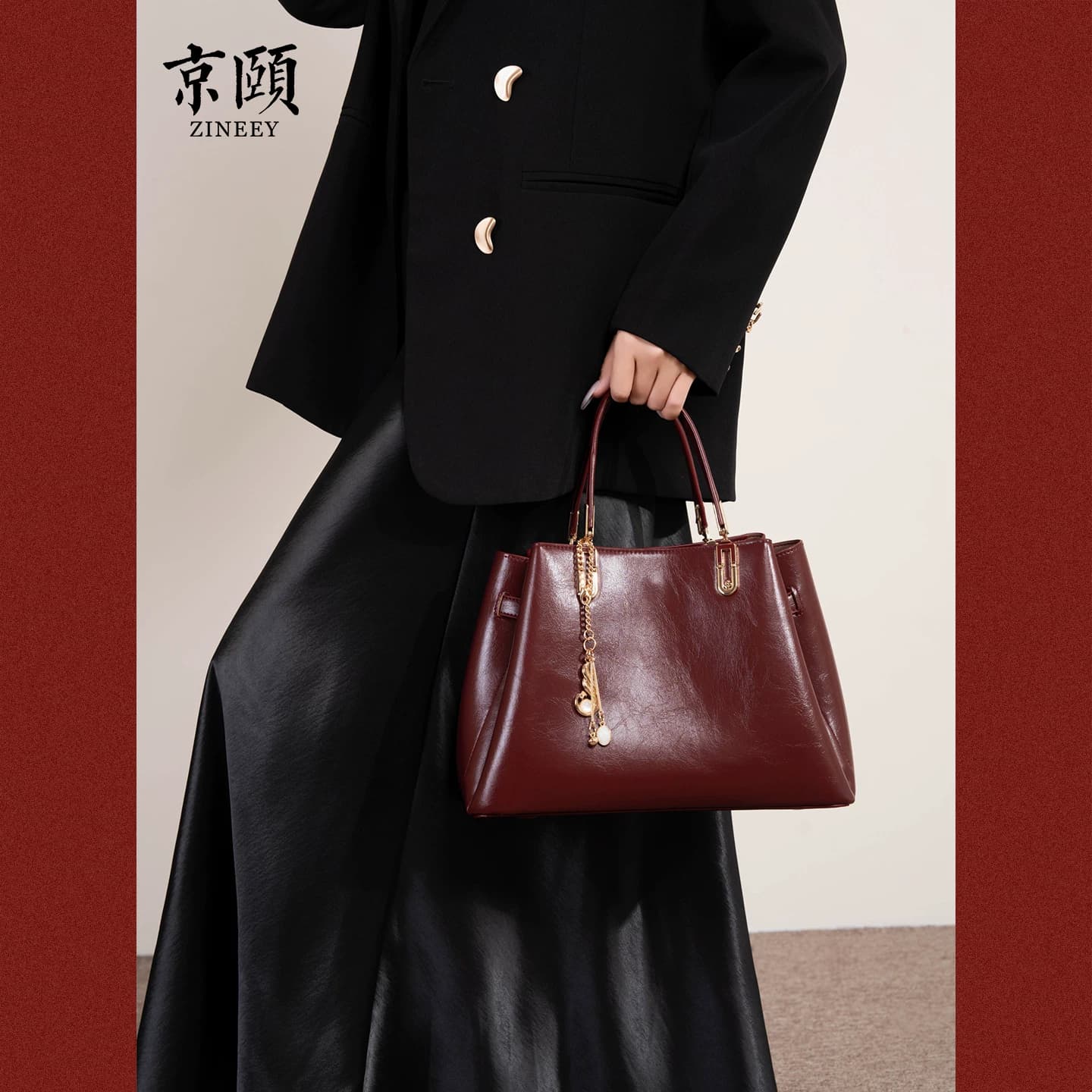 油蜡皮红色手提包喜婆婆婚包大气托特包送母亲礼物单肩斜挎两用包 - 缩略图3