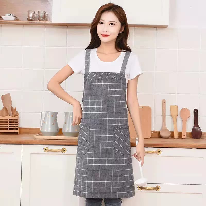 纯棉格子高档背带围裙棉布女时尚柔软透气围腰家用厨房做饭工作服 - 缩略图2